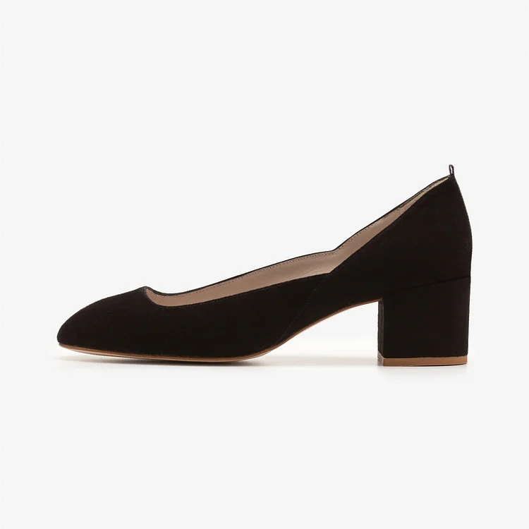 Black Vegan Suede Round Toe Block Heel Pumps |FSJ Shoes