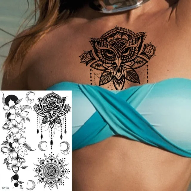 REJASKI Black Henna Lace Temporary Tattoos Sticker For WOmen Butterfly Moth Mehndi Flower Fake Tatoo Sticker Feather Flora Tatoo