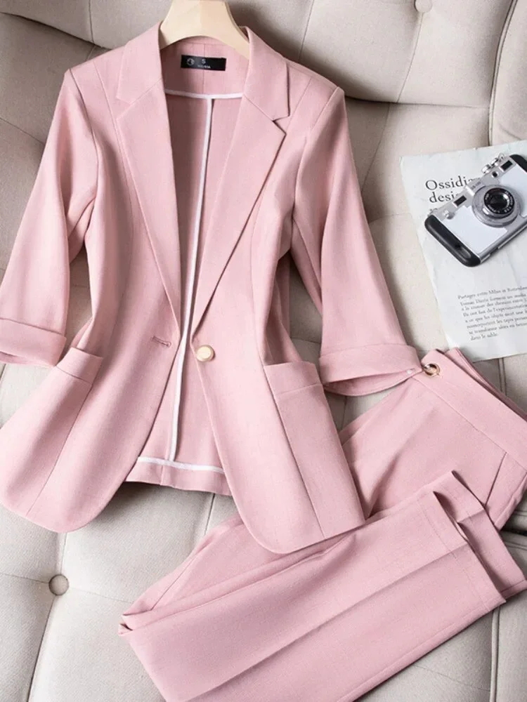 Tanguoant Small Suit Jacket Women's Ninth Pants 2023 Summer Thin Korean Fashion Cropped Sleeve Coat Two Piece Sets Womens Outifits