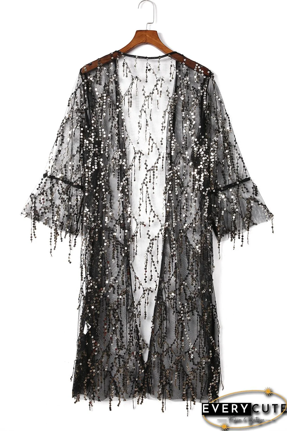 Black 3/4 Bell Sleeve Sequin Sheer Kimono