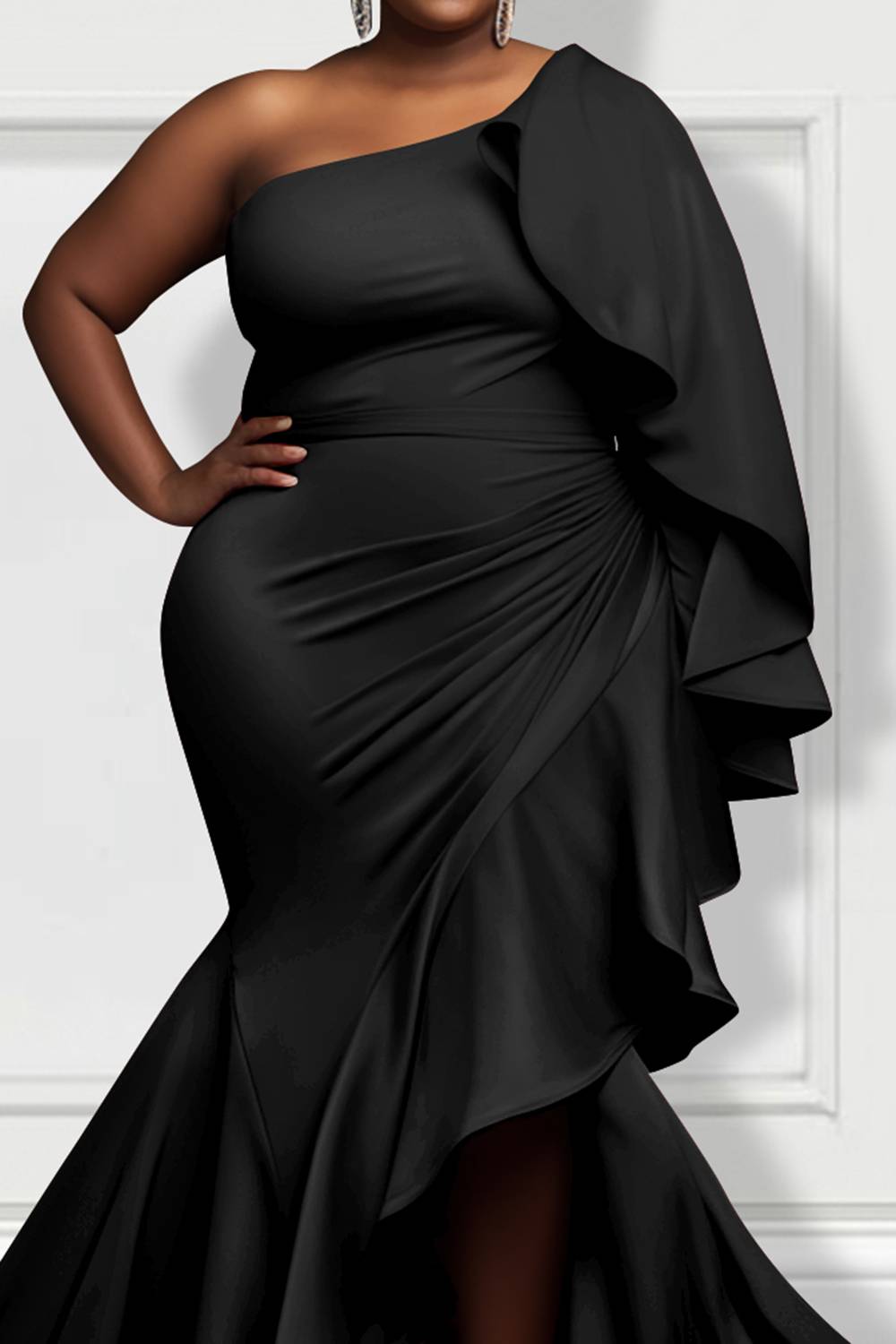 Design Plus Size Mother Of The Bride Maxi Dresses Elegant Black Oblique Collar Petal Sleeve Long Sleeve Mermaid Knitted Maxi Dresses [Pre-Order]