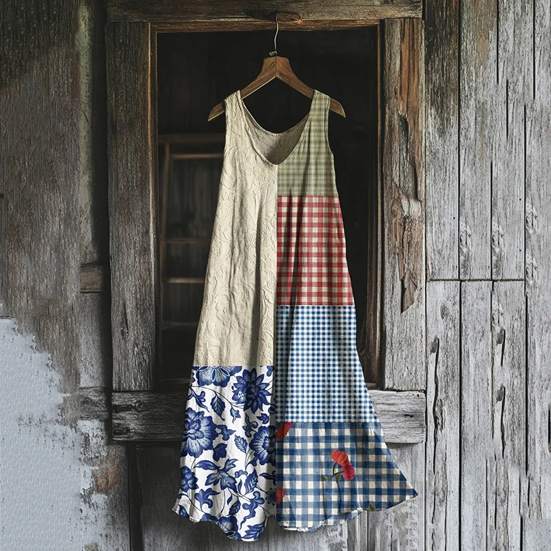 Vintage Patchwork Color Block Art Linen Tank Dress