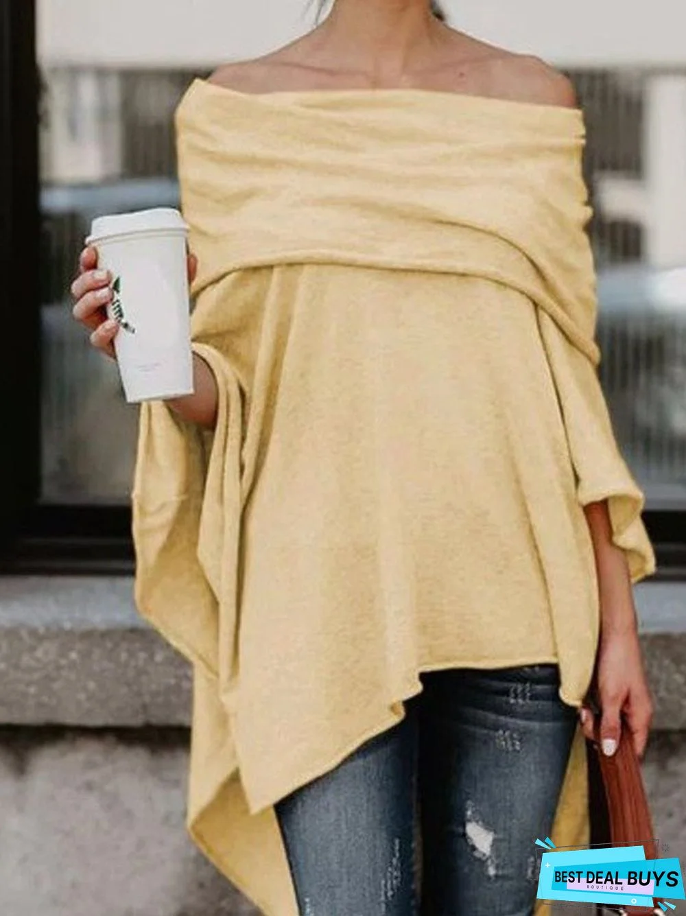 zolucky Fashion Solid Casual Off Shoulder Asymmetric Casual Top