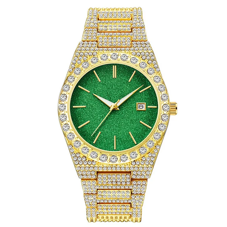 Classic Round Bling Iced Out Diamond Quartz Watch Mens Watches Green Red Dial-VESSFUL