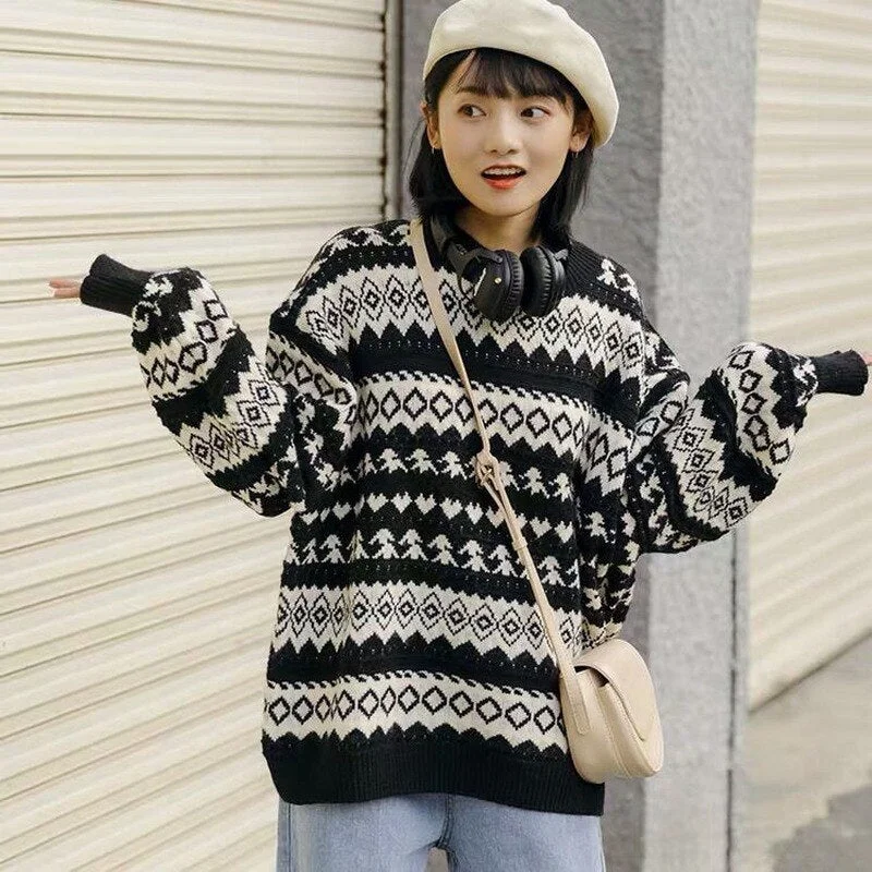 Vintage Sweaters Women Winter Pullovers Striped Knitted Sweater Oversized Jumper Ladies Casual Loose Long Sleeve Sueter De Mujer