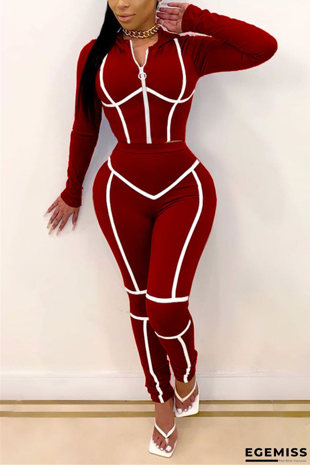 Wine Red Fashion Daily Adult Patchwork Solid Patchwork Hooded Collar Long Sleeve Regular Sleeve Short Two Pieces | EGEMISS