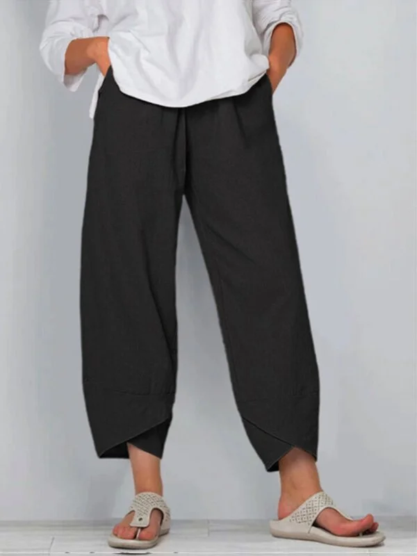 Women's loose cotton and linen elastic waist wide-leg pants