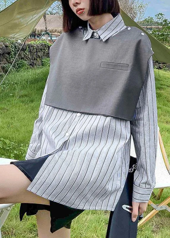 Vintage Grey Peter Pan Collar Button Fall Striped Shirt Long sleeve