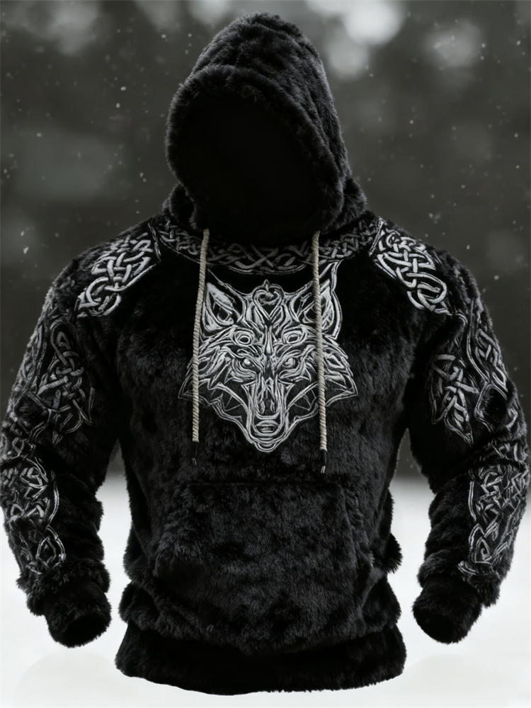 Men's Viking Celtic Wolf Cozy Plush Hoodie elevenforest