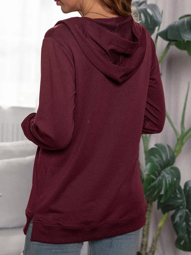 Wine Red Long Sleeve Hoodie Solid Cotton-Blend Shirts & Tops