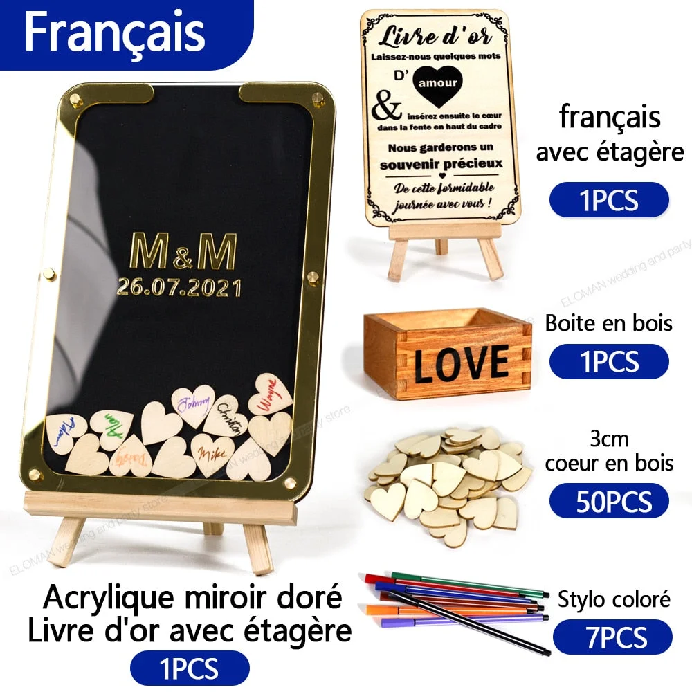 Custom signature Wedding Guest Book Acrylic Wooden Heart Wedding Decoration Alternative For Drop Box Favor Gift