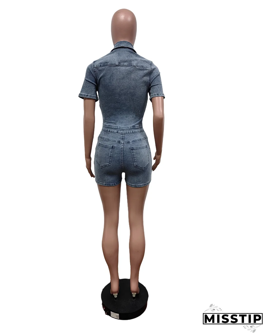 Women Stretch Denim Short Sleeve Jumpsuit