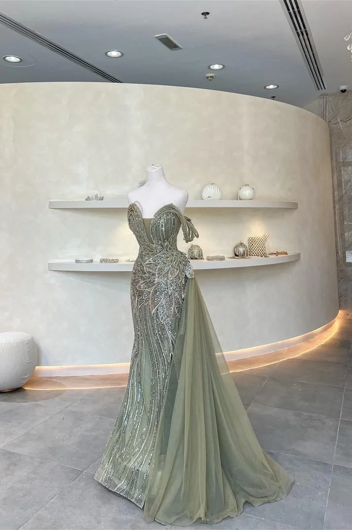 Miabel Exquiste Dusty Sage Tulle  Sleeveless Strapless Sequins Long Prom Dress with Applique  