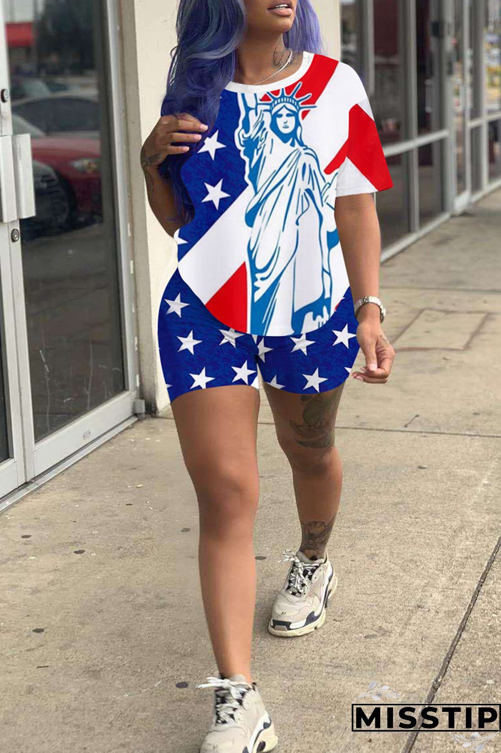 Red Fashion Casual Print Basic O Neck Short Sleeve Two Pieces