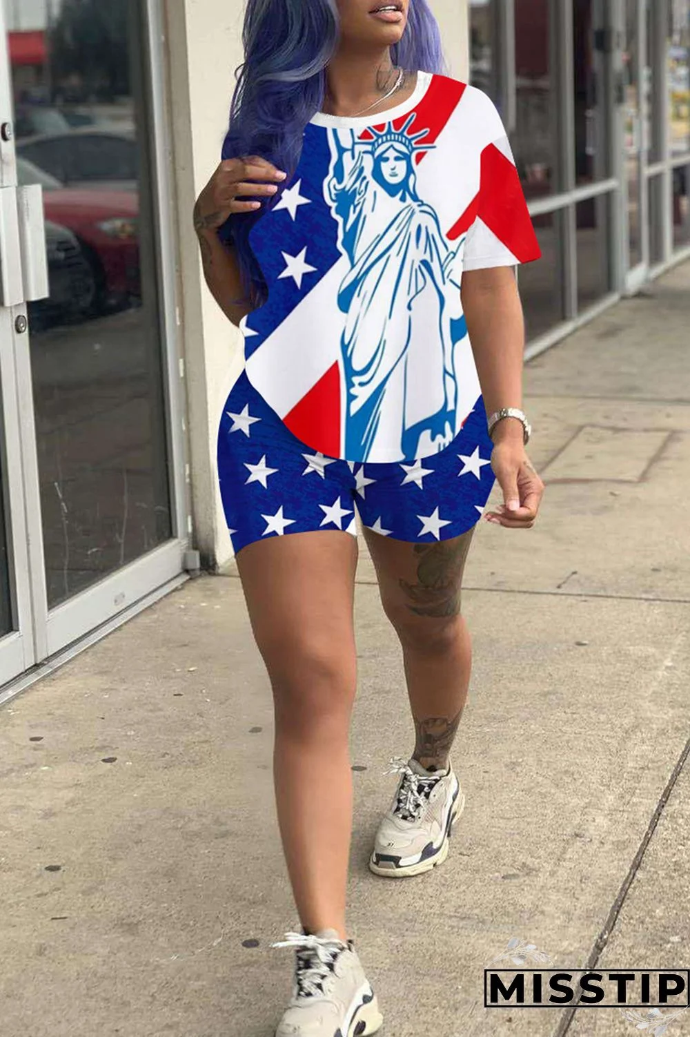 Red Fashion Casual Print Basic O Neck Short Sleeve Two Pieces