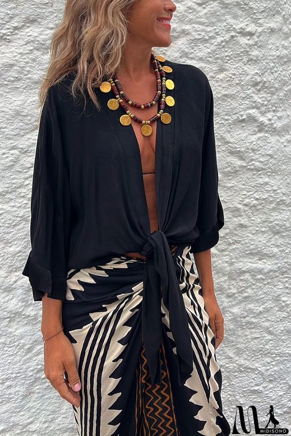 MidiSono - Satin Tie Front Relaxed Blouse