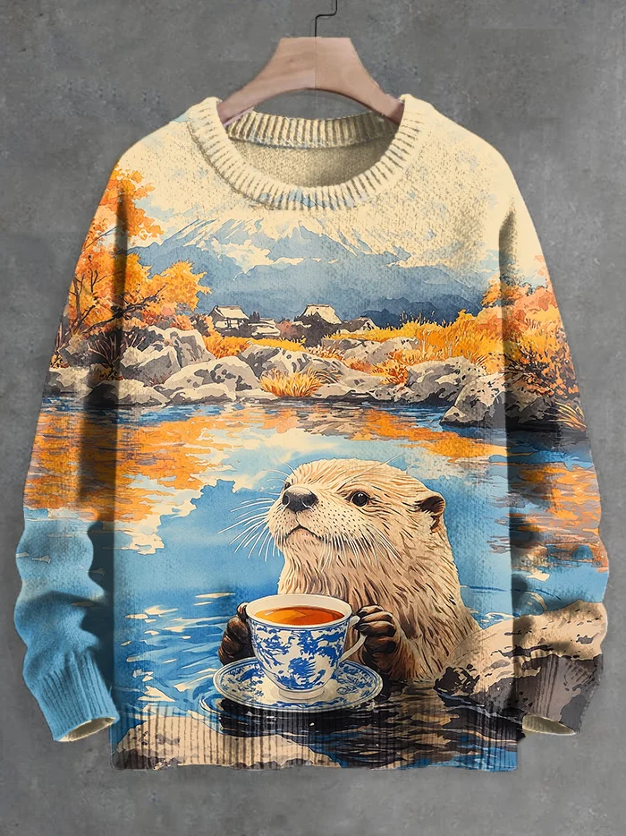 Men's Otter Drink Tea Japanese Art Print Knit Sweatshirt