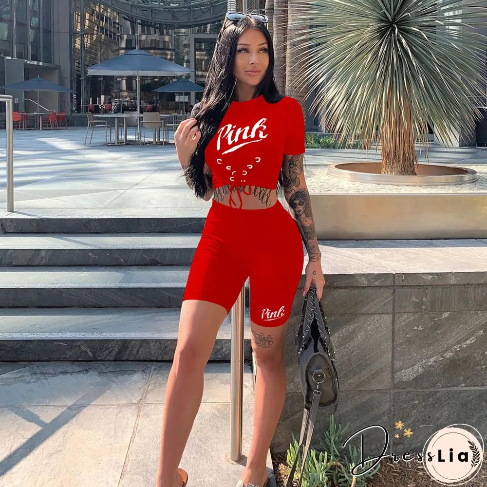 Sportswear Short Sleeve Crop Tops Biker Shorts Set