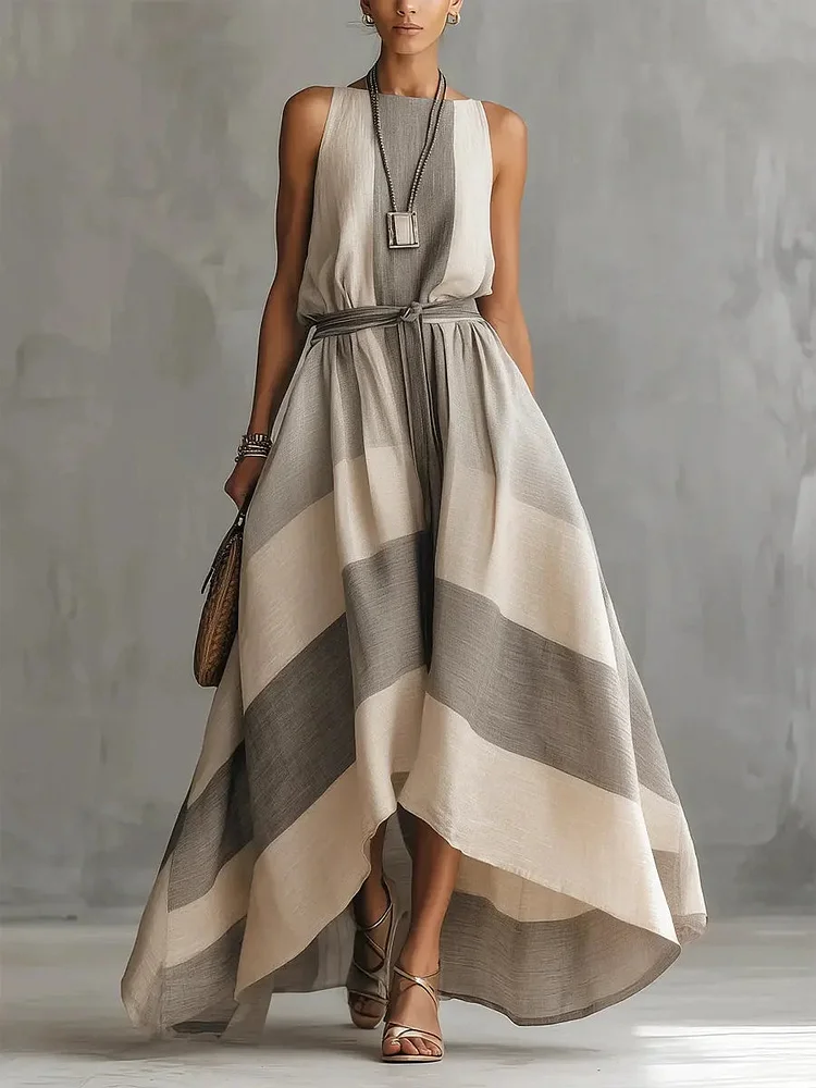 Women's Retro Striped Art Casual Stylish Cotton Linen Maxi Dress