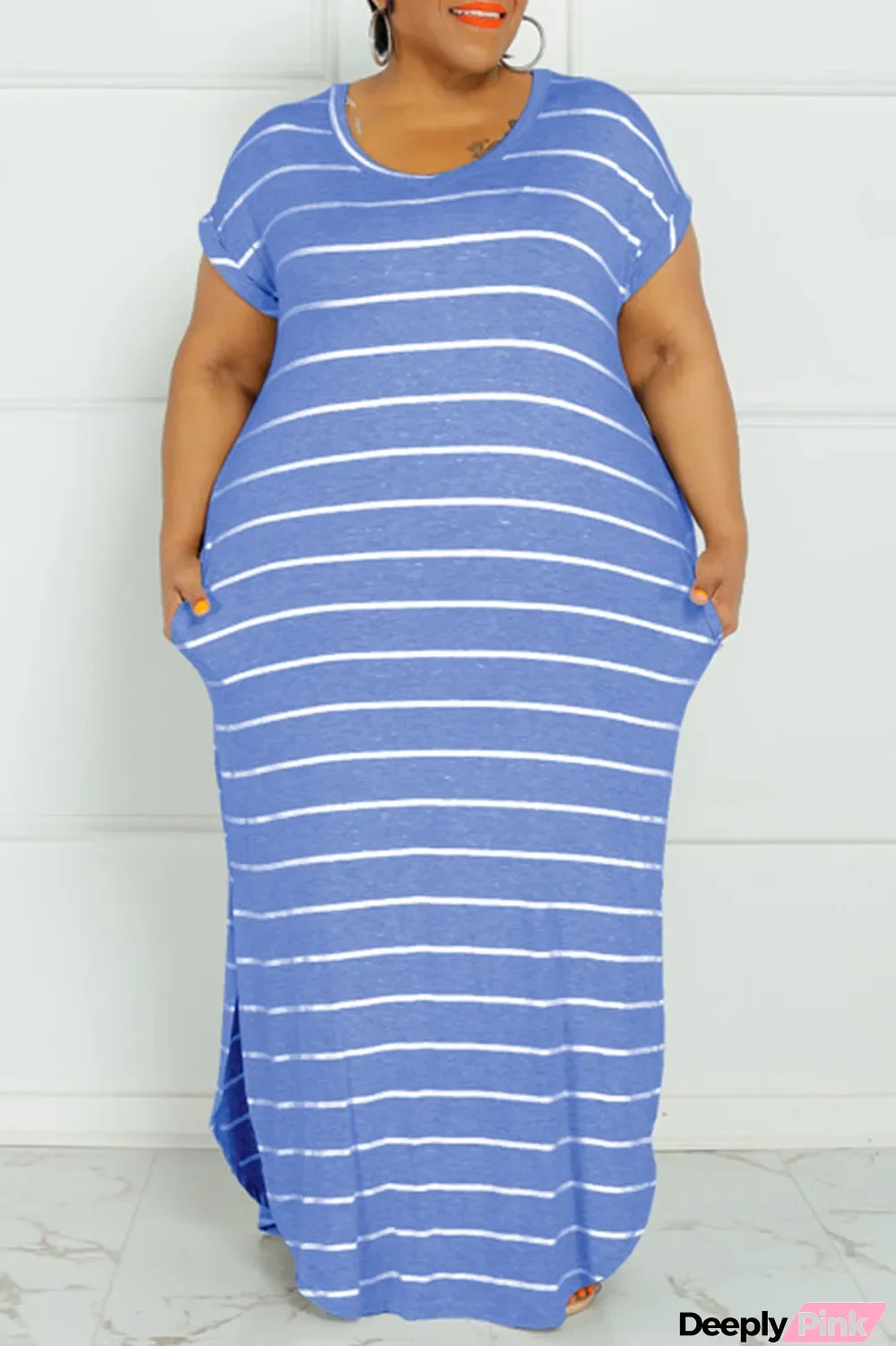 Blue Fashion Casual Plus Size Striped Print Basic O Neck Short Sleeve Dress