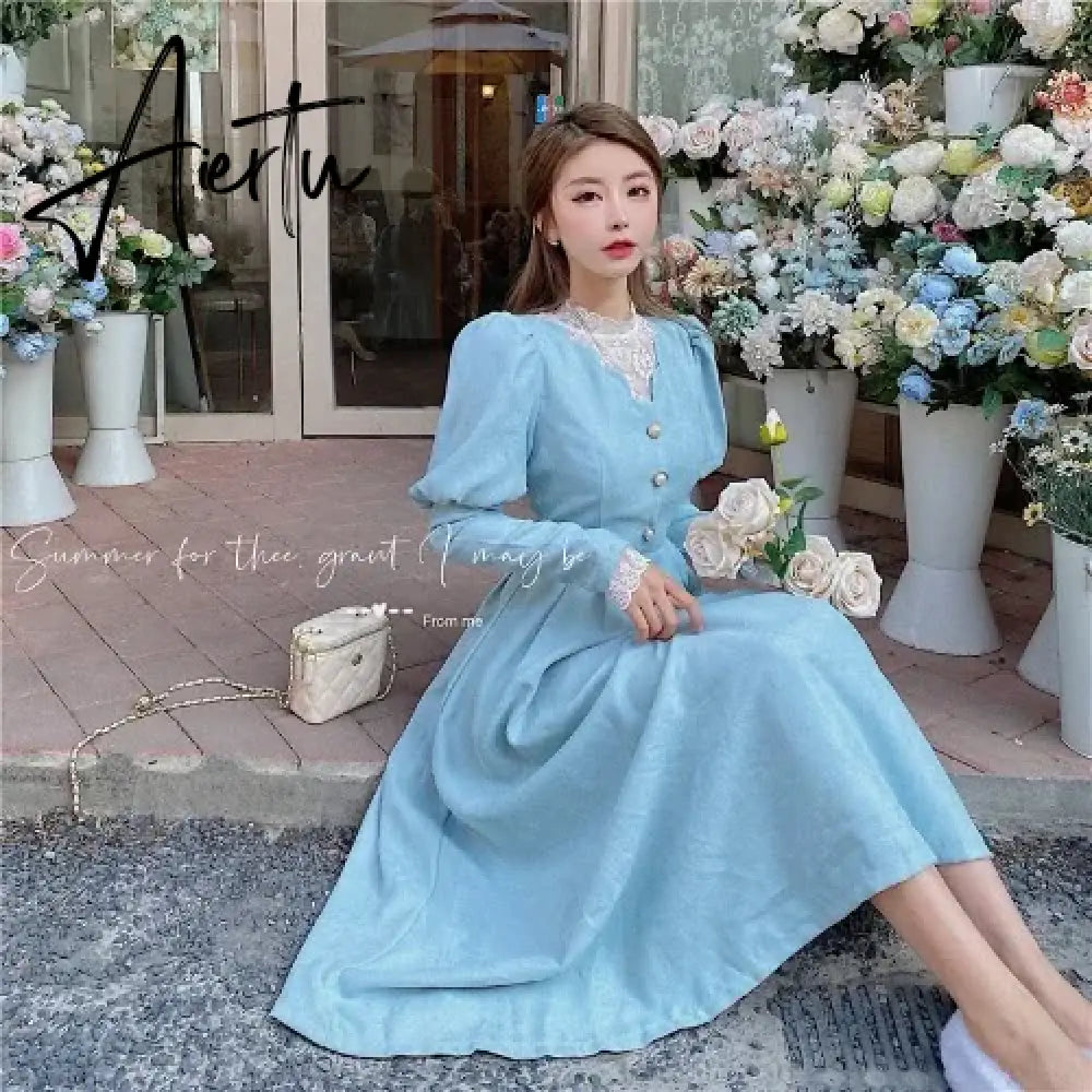 Aiertu Solid Elegant Dress Women Winter Patchwork Lace Party Midi Dress Female Casual French Style Sweet Kawaii Korean Dress Women Aiertu