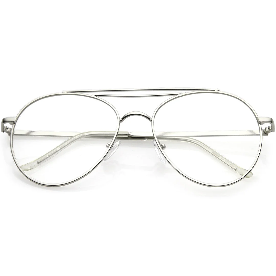 Premium Aviator glasses Double Crossbar Slim Metal Arms Round Flat Lens 55mm