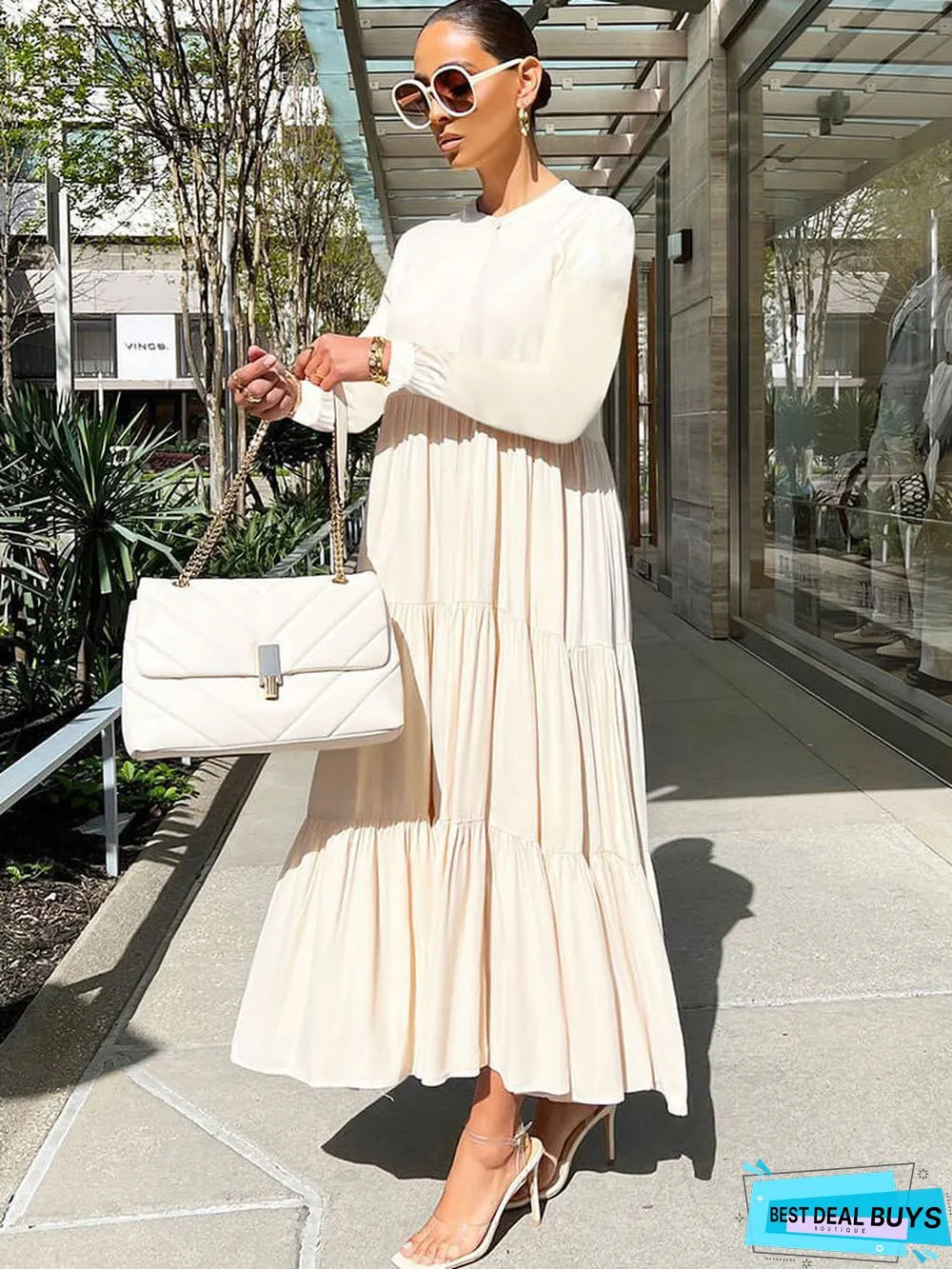 Long Sleeve Solid Ruffle Swing Maxi Dresses