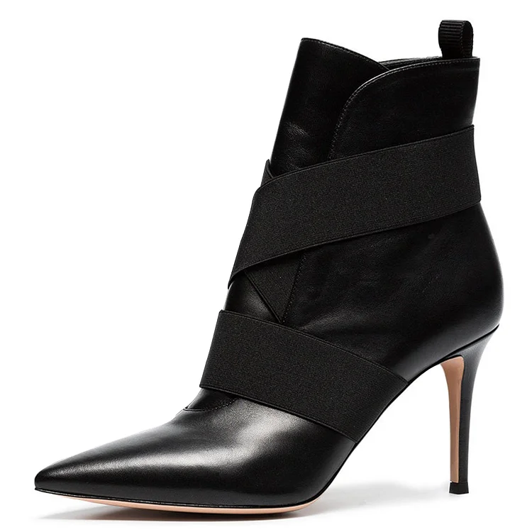 Black Elastic Straps Pointed Toe Pull-on Stiletto Heel Ankle Boots |FSJ Shoes