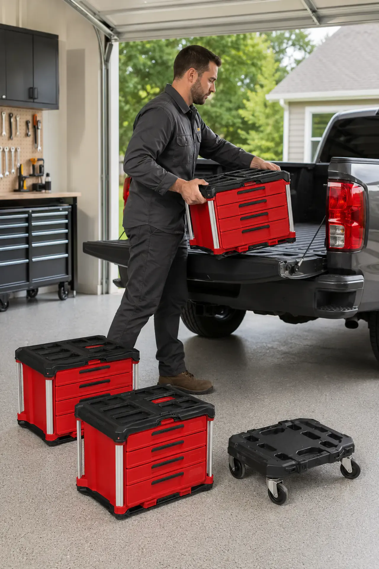 Modular tool boxes being moved