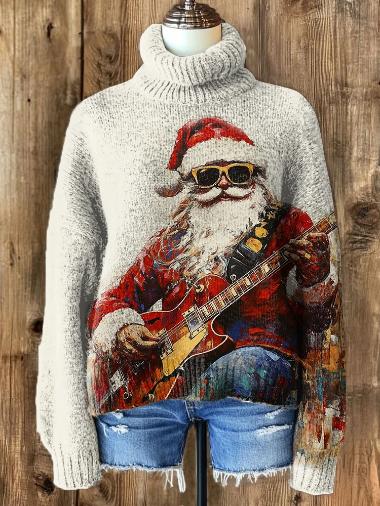 Women's Retro Rock Guitar Santa Claus Oil Painting High Neck Knit Sweatshirt