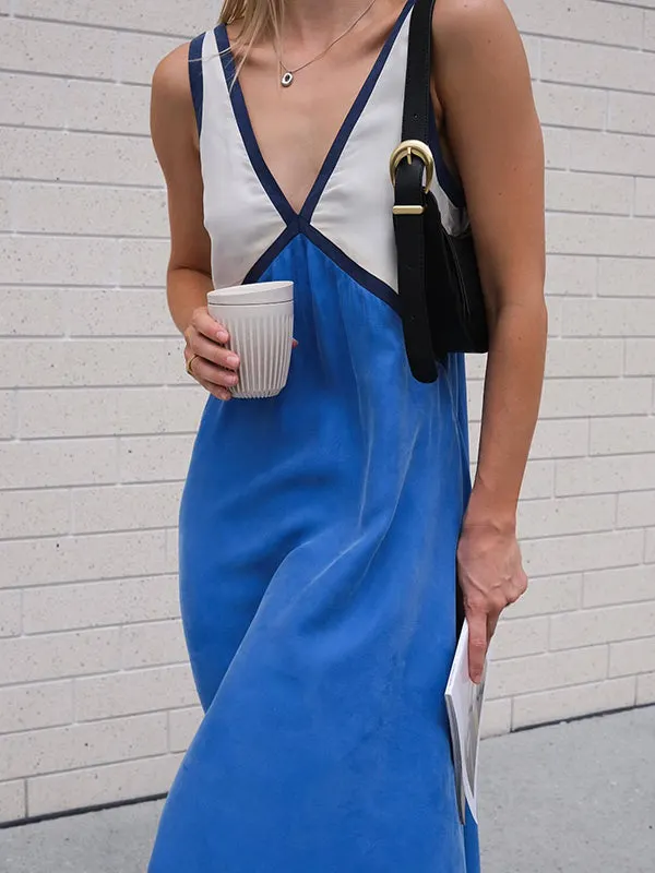 Loose Sleeveless Contrast Color Split-Joint Deep V-Neck Maxi Dresses