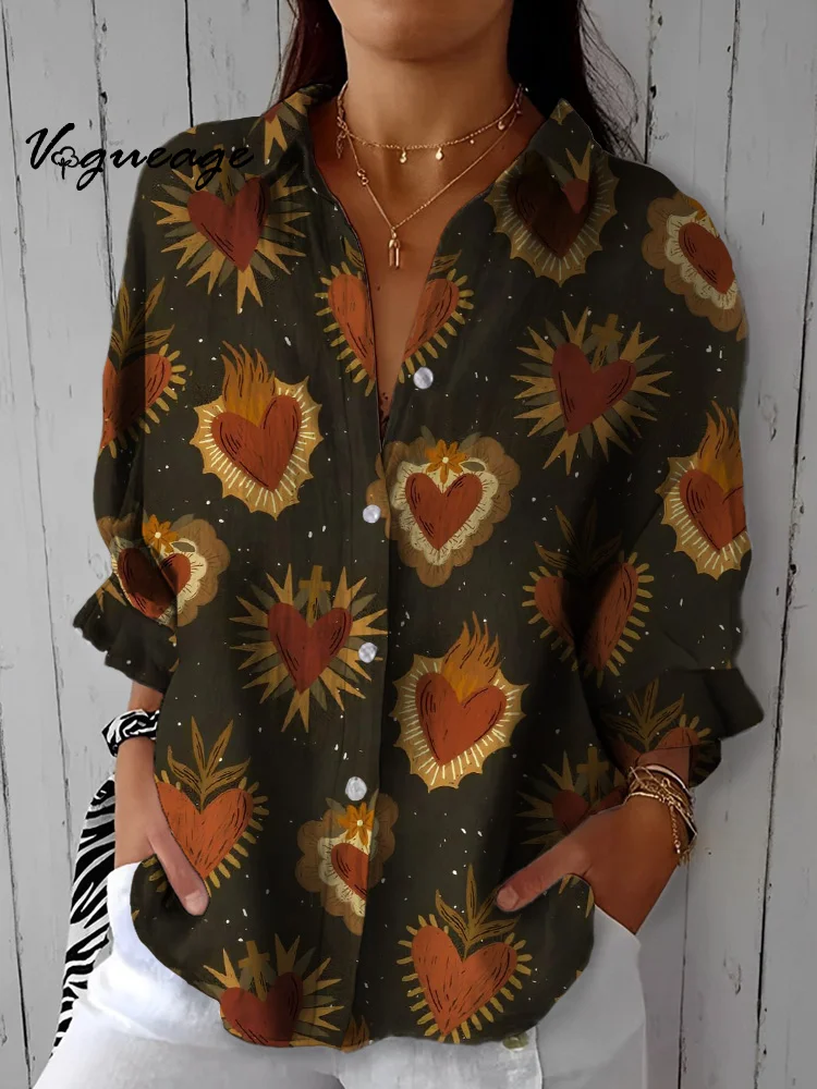 Elegant And Versatile Creative Love Printed Cotton And Linen Shirt