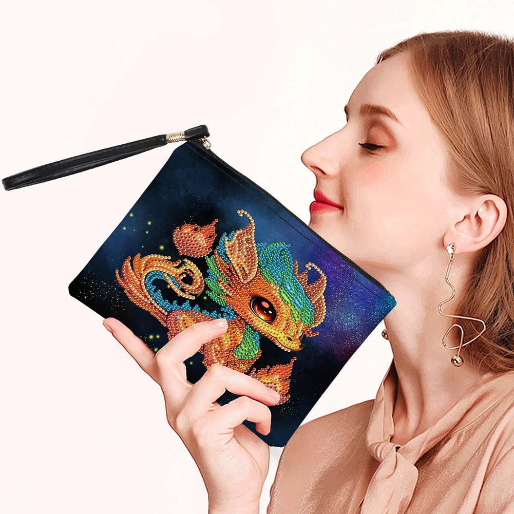DIY Fire Dinosaur PU Partial Special Shaped Diamond Painting Wallet Makeup Bag