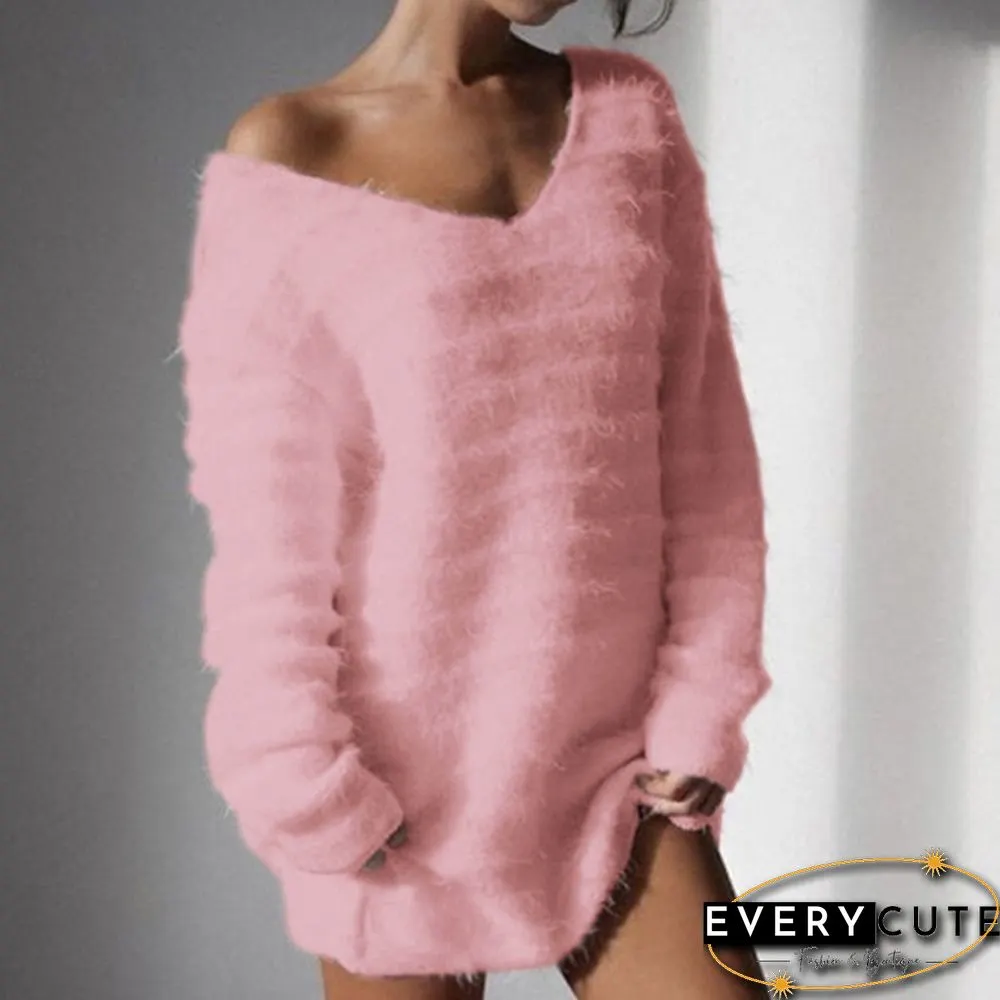 High Quality Women Plus Size S-5XL Long Sleeve V Neck Sweater Dress Casual Autumn Winter Warm Pullover Dress Casual Sweater