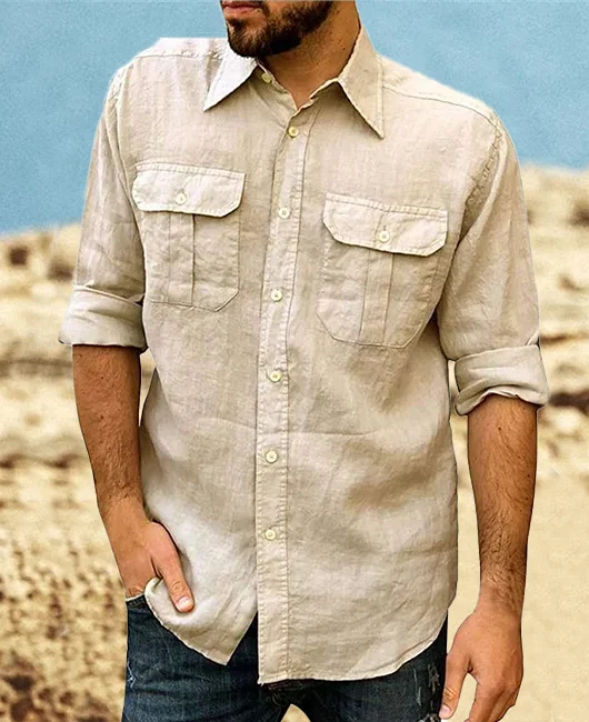 Casual Chest Pocket Cotton And Linen Long Shirt 