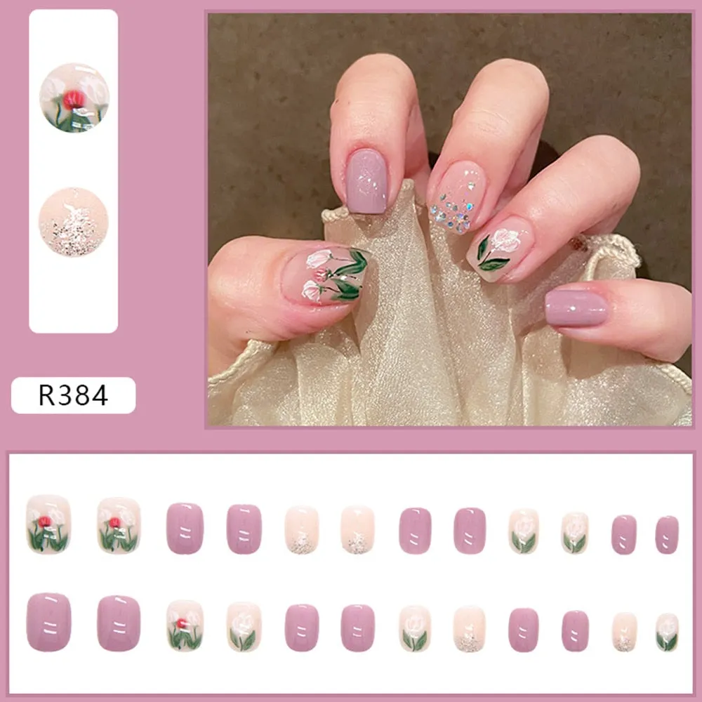Fake Nail Patch Short Paragraph Ballet Nails Green & White color Finished Nail Piece 24PCS Glue Type nails set free shipping-Nail Inspo