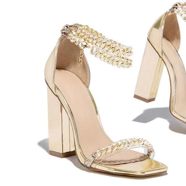 Chain Embellished Ankle Strap Chunky Heels