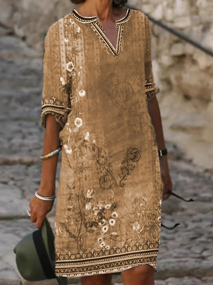 VChics Vintage Floral Ethnic Hem Notch Neck Midi Dress