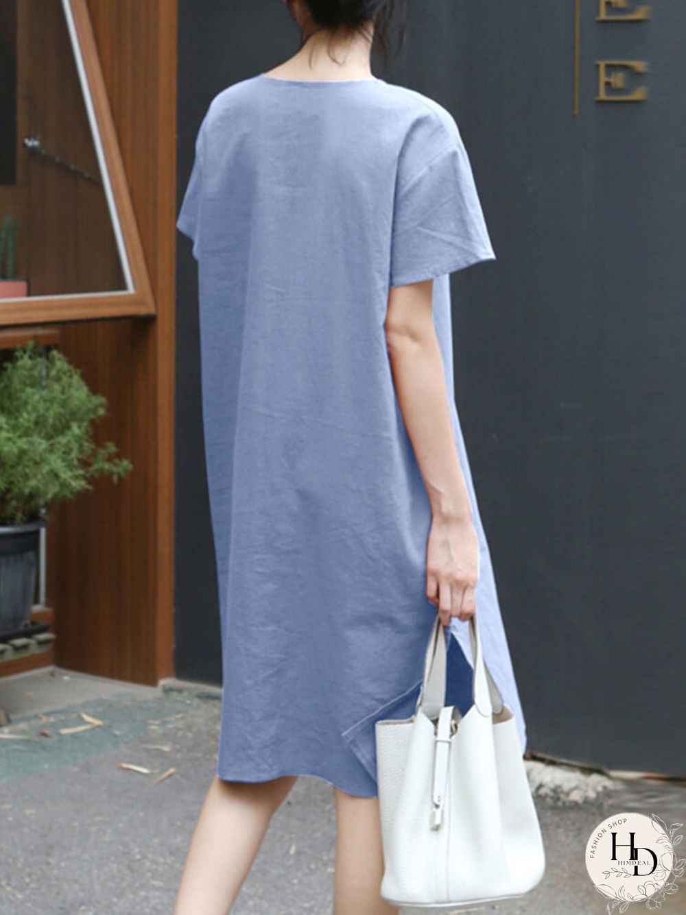 Solid Pocket Slit Hem V-neck Rolled Short Sleeve Dress