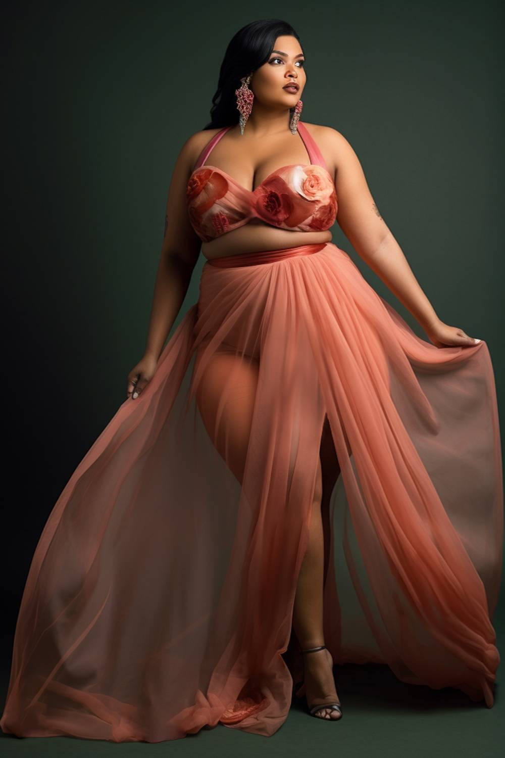 Design Plus Size Beach Pink Floral Tulle Two Pieces Swimsuit Cover Ups Set [Pre-Order]
