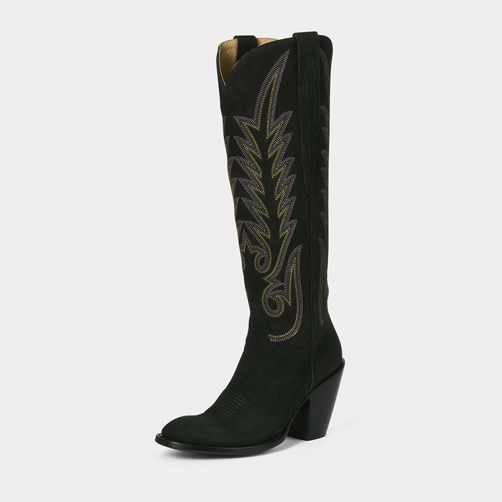 Block Heel Embroidered Round Toe Black Cowgirl Boots with Side Zipper Nicepairs