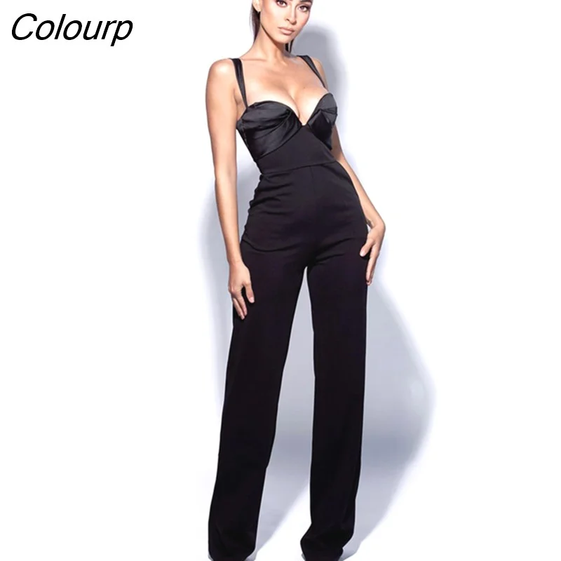 Colourp Black Red Color Women Sleeveless Sexy Square Collar Satin Slim Jumpsuit Fashion Celebrity Evening Party Wear Jumpsuit