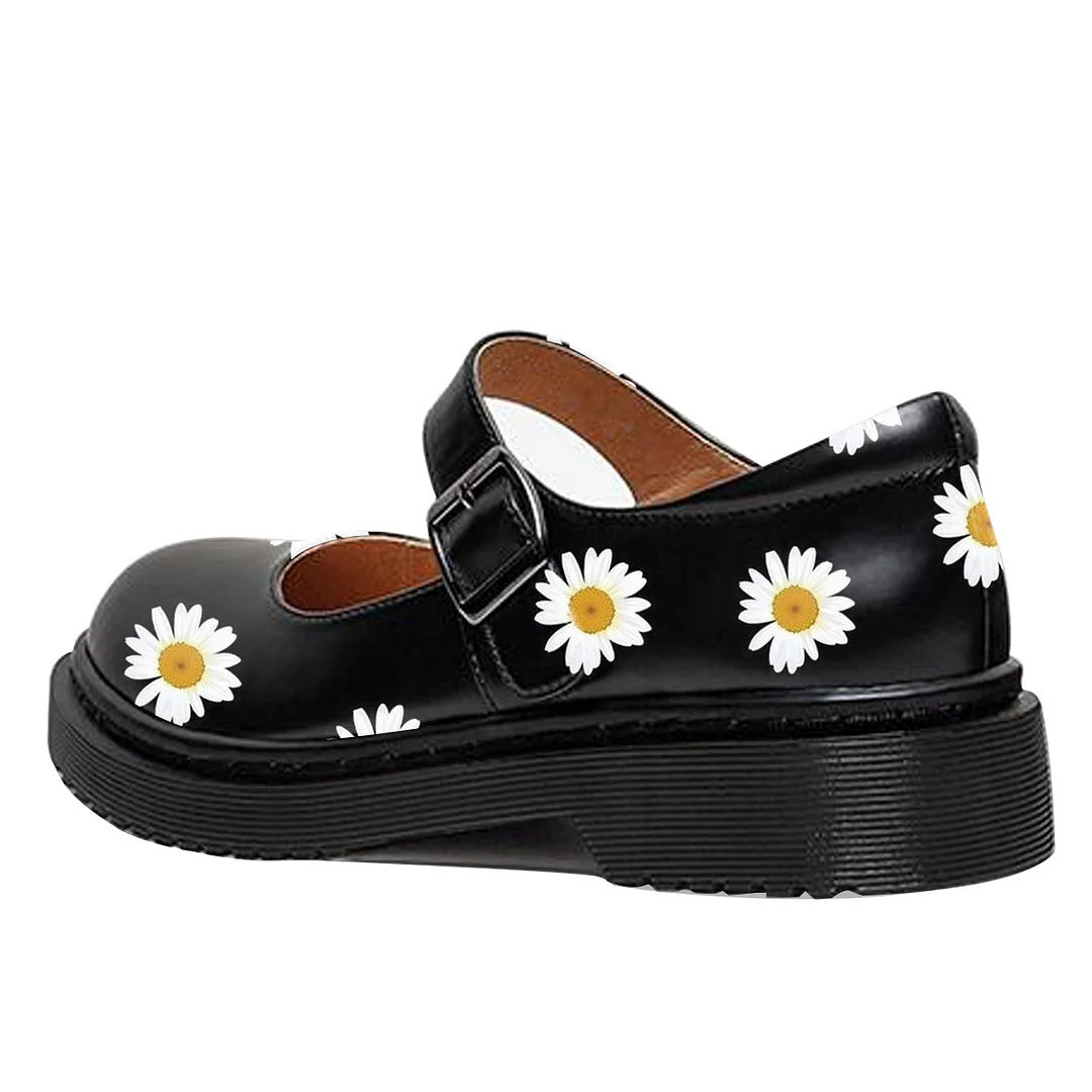Eye-Catching Floral Vegan Leather Round Toe Comfy Mary Janes in Black 