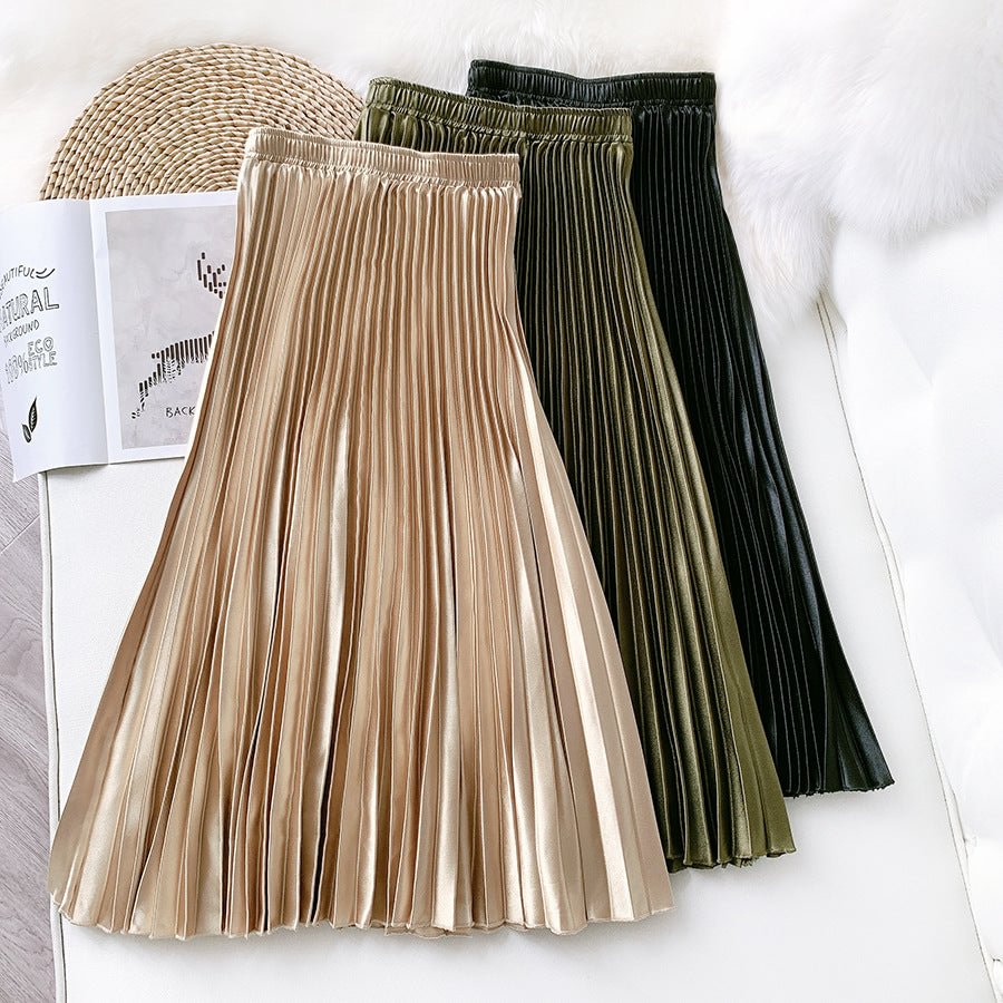 High Waist Satin Metallic Pleated Skirt Women's Retro Mid-length Slimming A- Line Midi Dresses