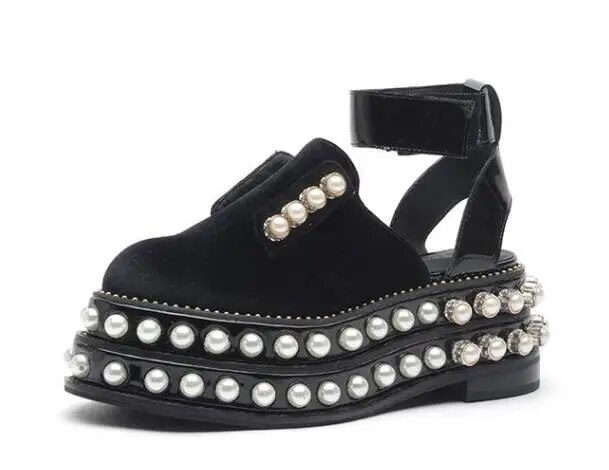 VCSHOES Black Suede Punk Ladies Pearl Studded Platform Thick Sole Sandals Round Toe Shiny Leather Patchwork Hook Loop Slingback Shoes