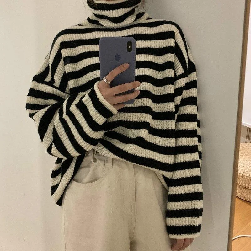 Turtleneck Sweater Women Loose Popular Female Striped Leisure Simple Soft Trendy All Match Korean Style College Lovely Autumn 1029-1