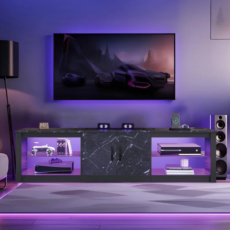 Bestier TV Stand for TVs up to 75" with LED Lights & Power Outlet, Entertainment Center with Storage Cabinet, Black Marble