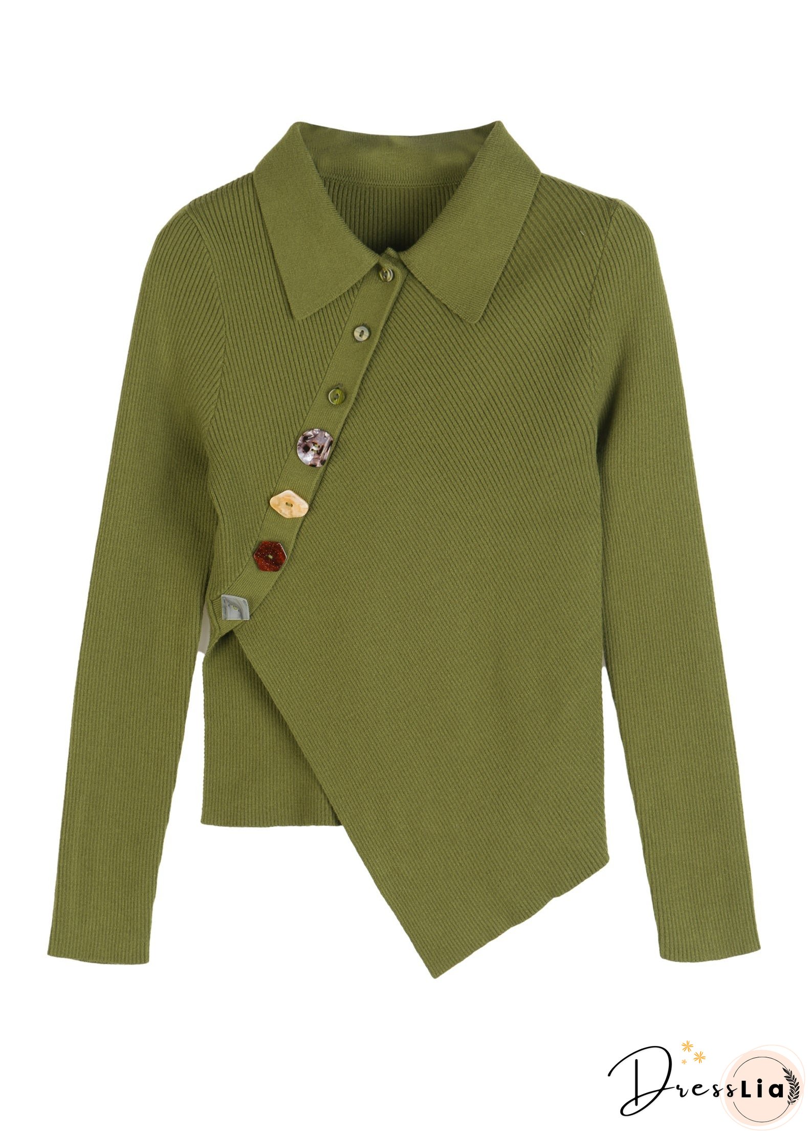 Vintage Green Peter Pan Collar Asymmetrical Knit Pullover Long Sleeve