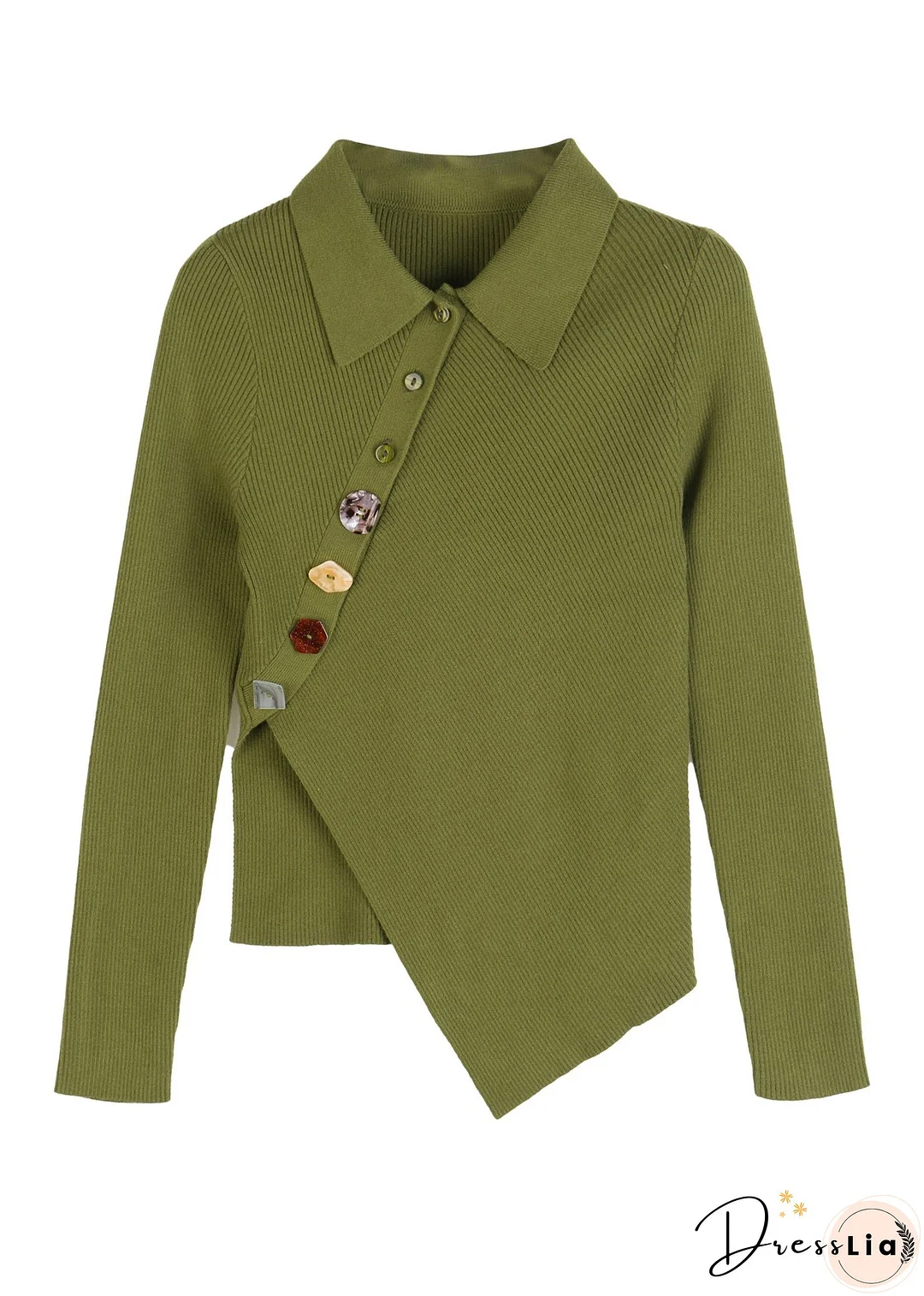 Vintage Green Peter Pan Collar Asymmetrical Knit Pullover Long Sleeve