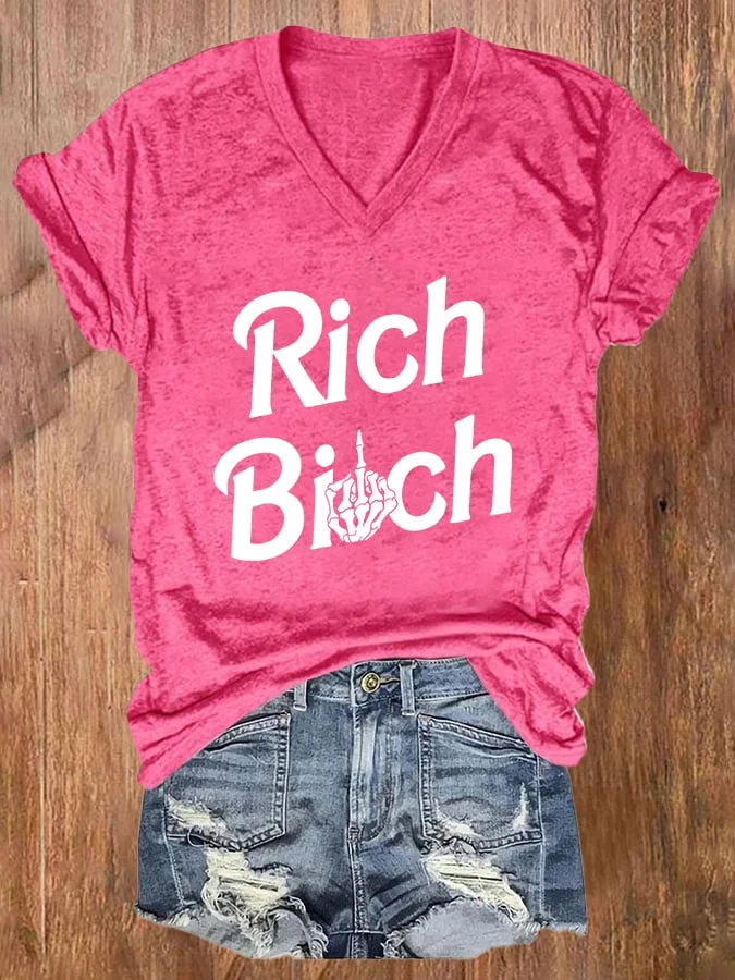 V-neck Rich Bitch Print T-Shirt